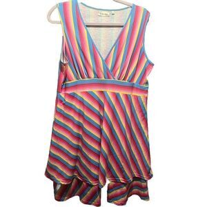 Southern Stitch Fit and Flare Tiered Dress Size Large Rainbow Striped Pride